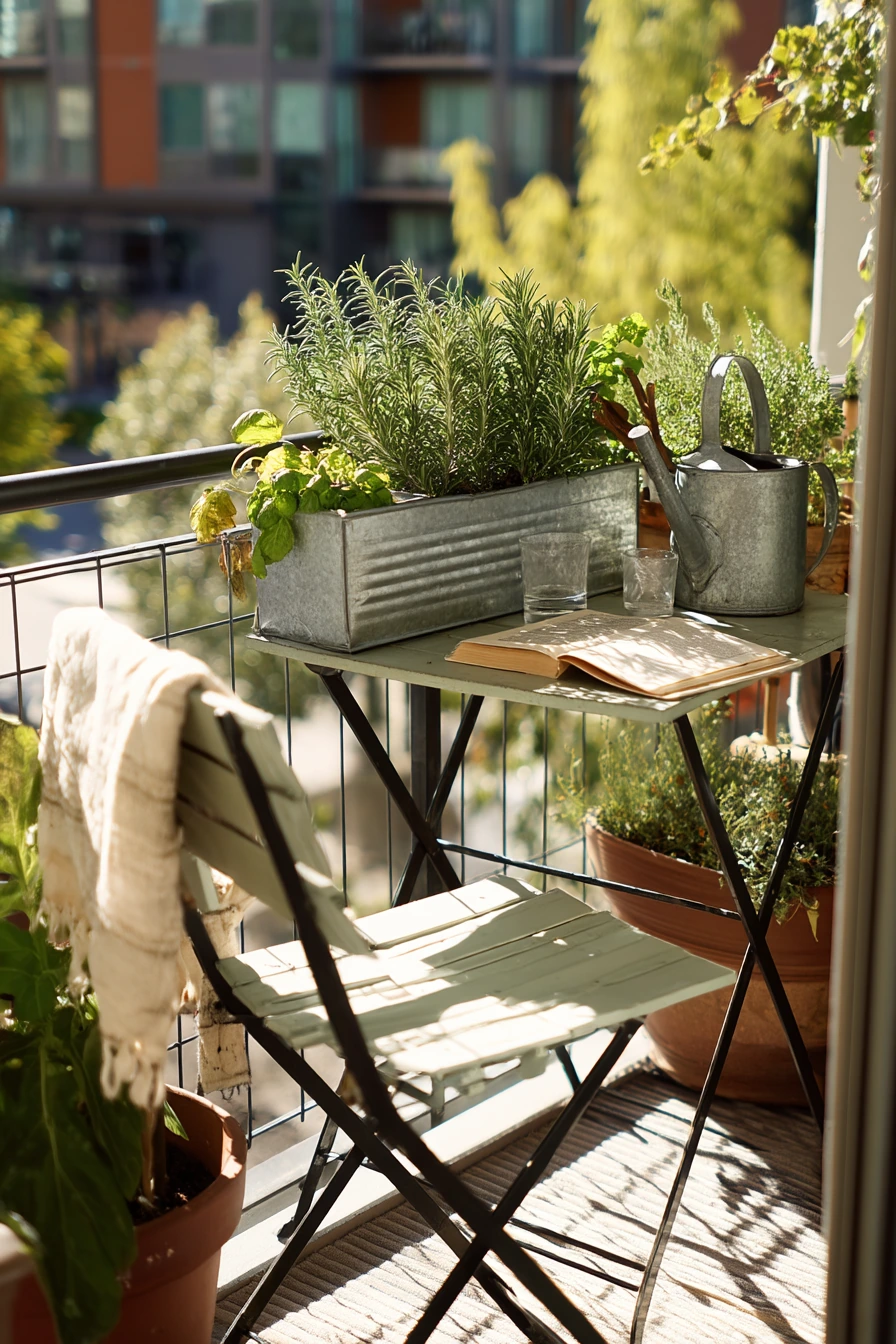 Compact Balcony Herb Garden with Folding Table