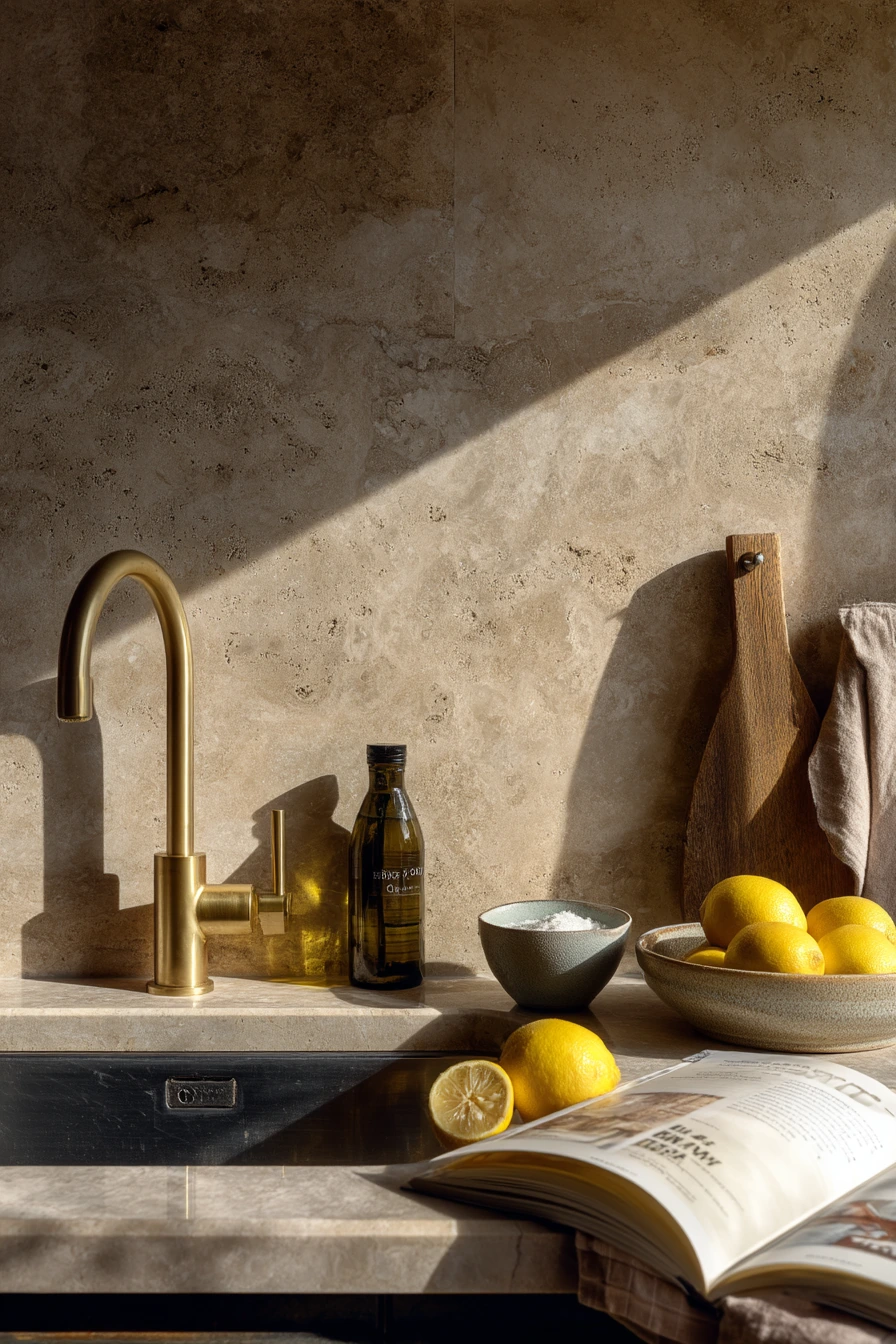 3. Warm Stone Slab for a Calm Chef’s Kitchen