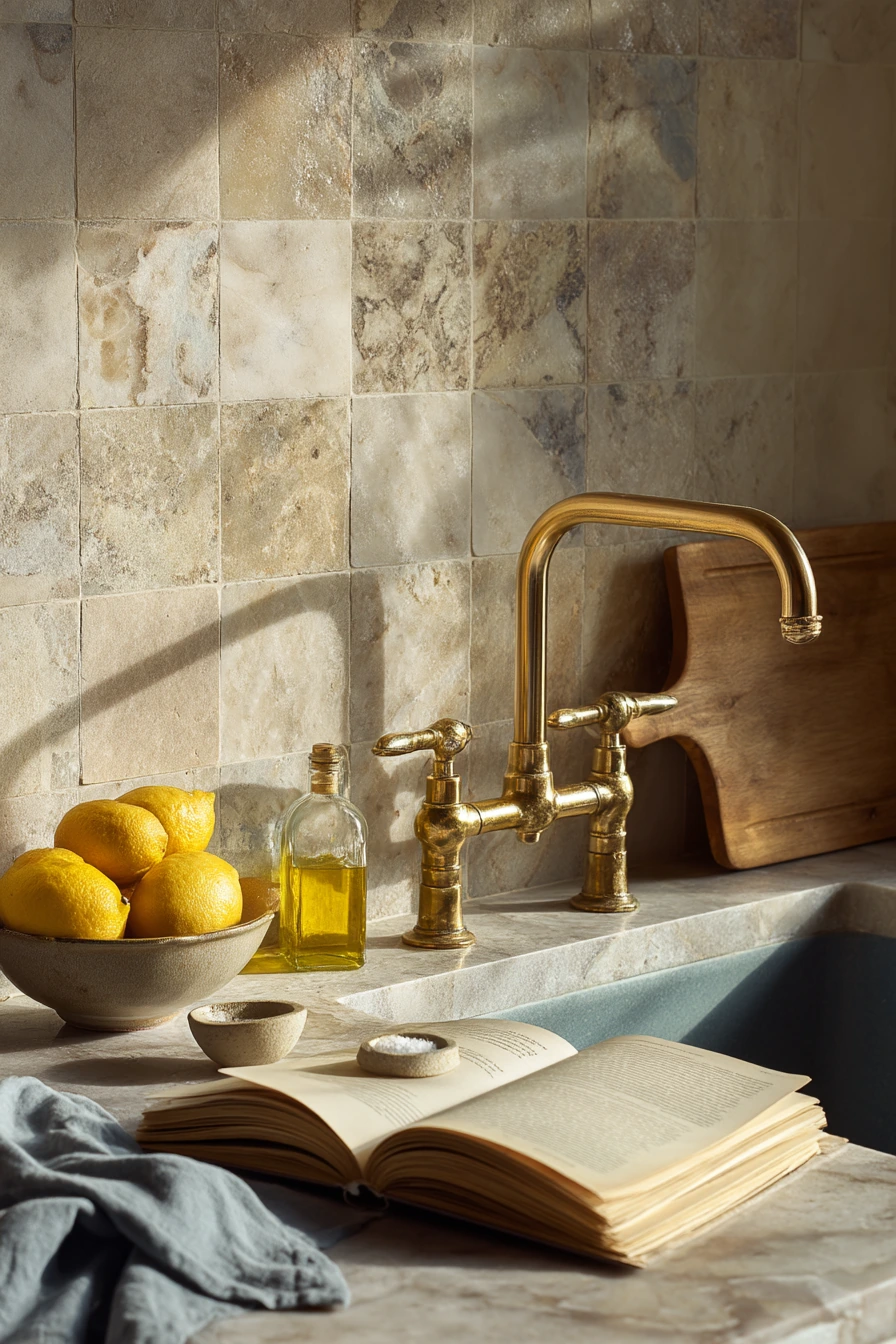 3. Warm Stone Slab for a Calm Chef’s Kitchen