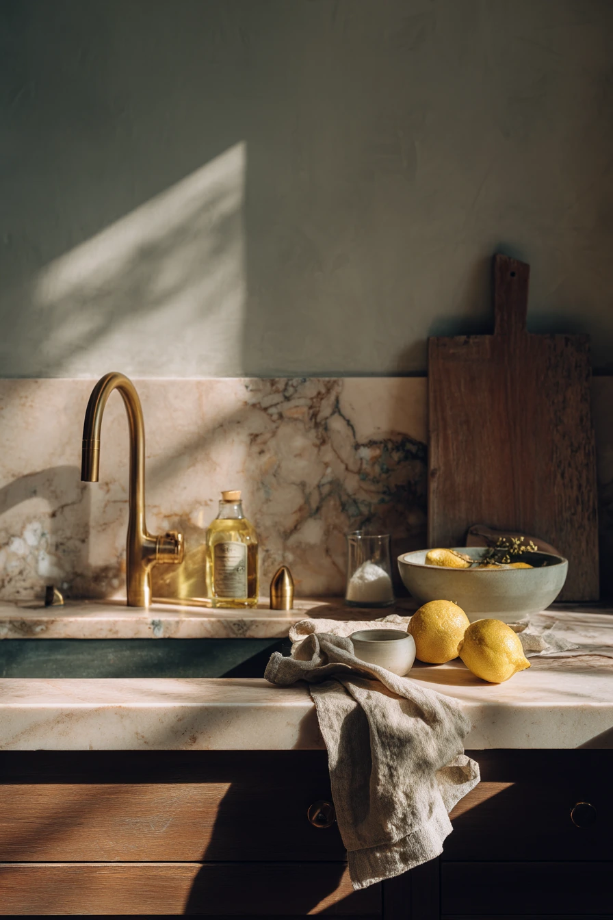 3. Warm Stone Slab for a Calm Chef’s Kitchen