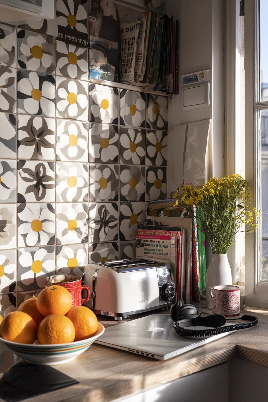 6. Colorful Tile for a Creative Apartment Kitchen