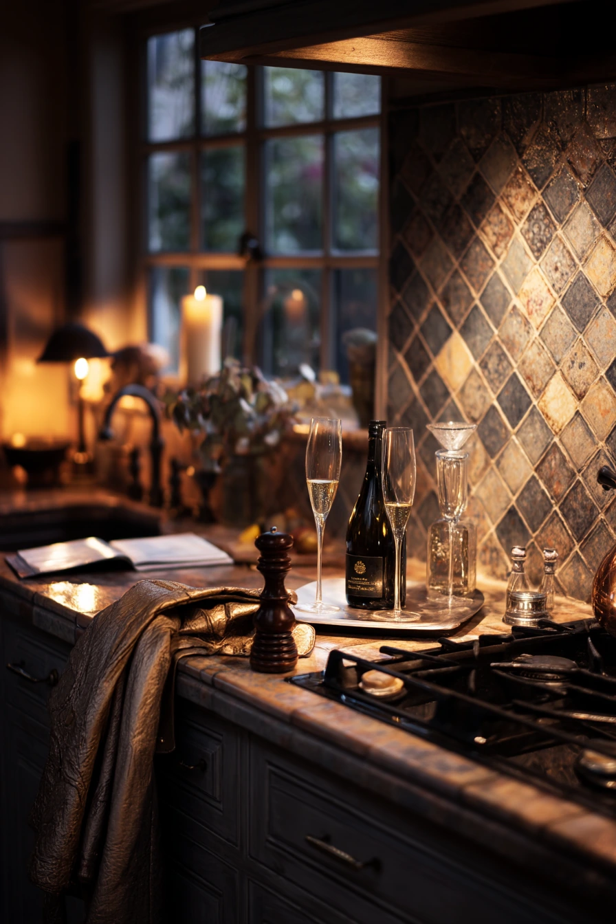8. Moody Dark Tile for an Evening Entertainer’s Kitchen