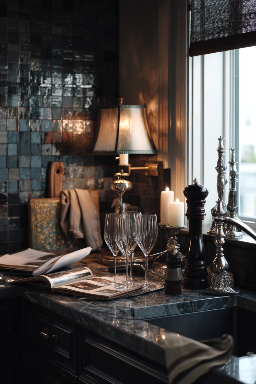 8. Moody Dark Tile for an Evening Entertainer’s Kitchen