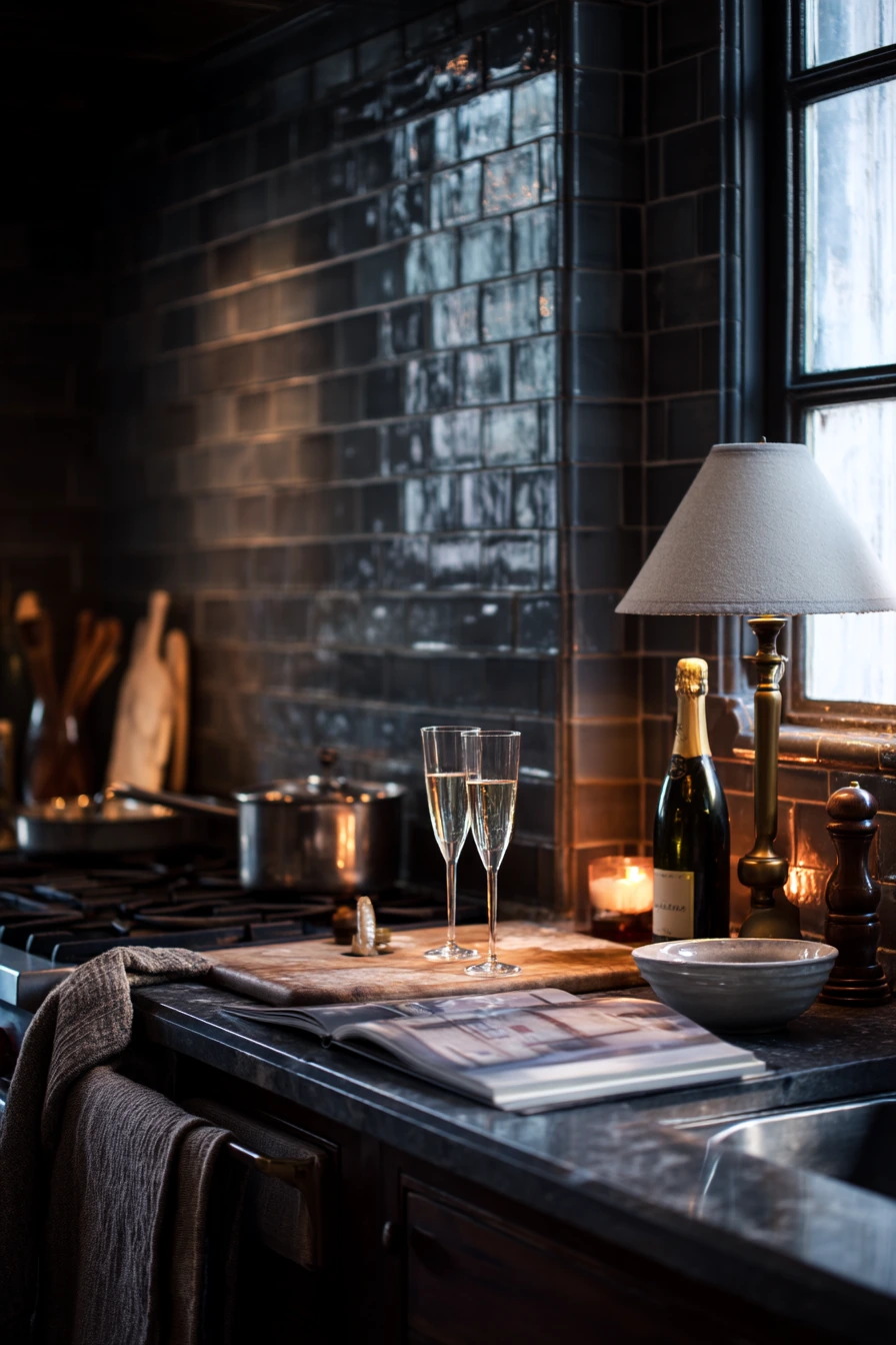 8. Moody Dark Tile for an Evening Entertainer’s Kitchen