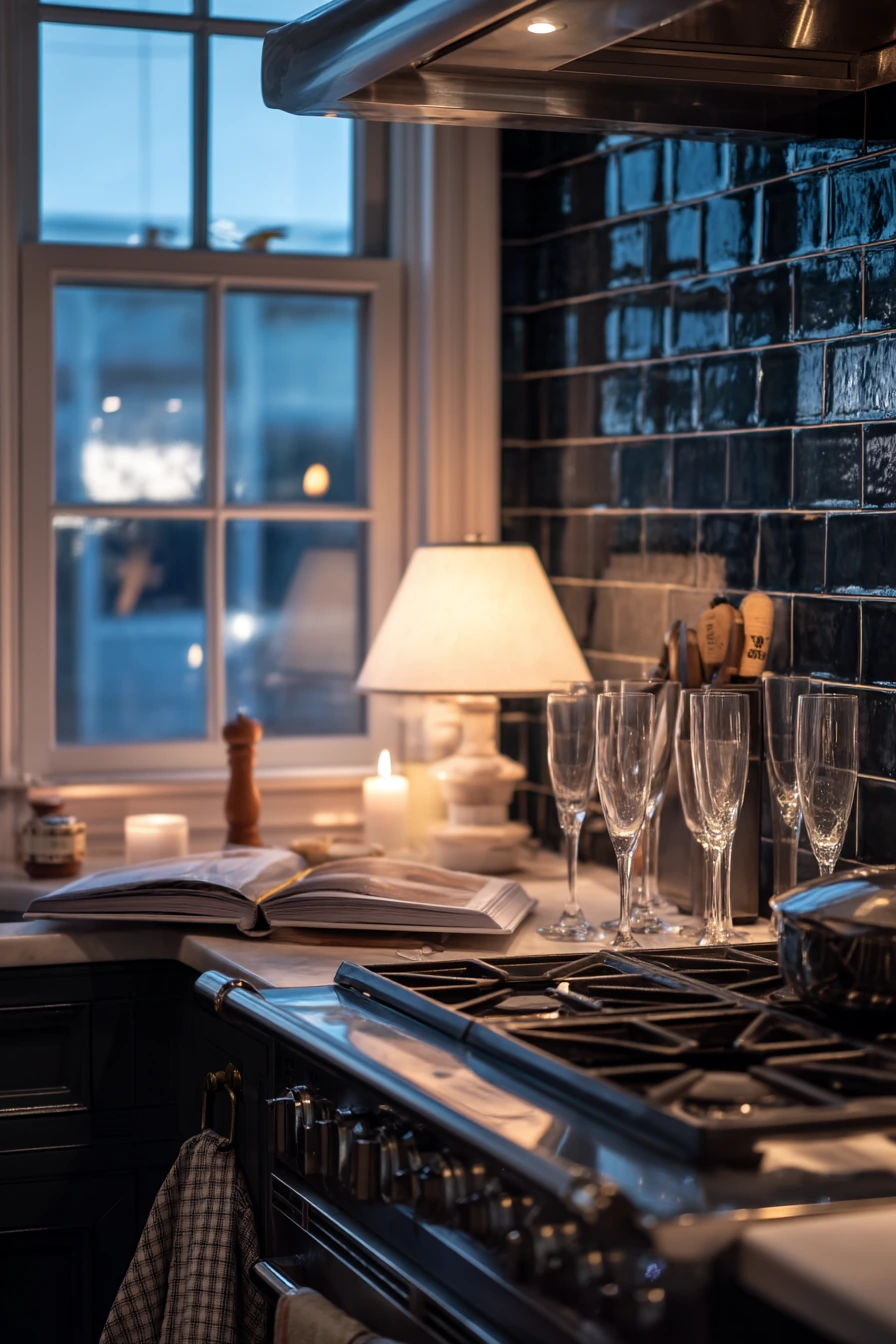8. Moody Dark Tile for an Evening Entertainer’s Kitchen