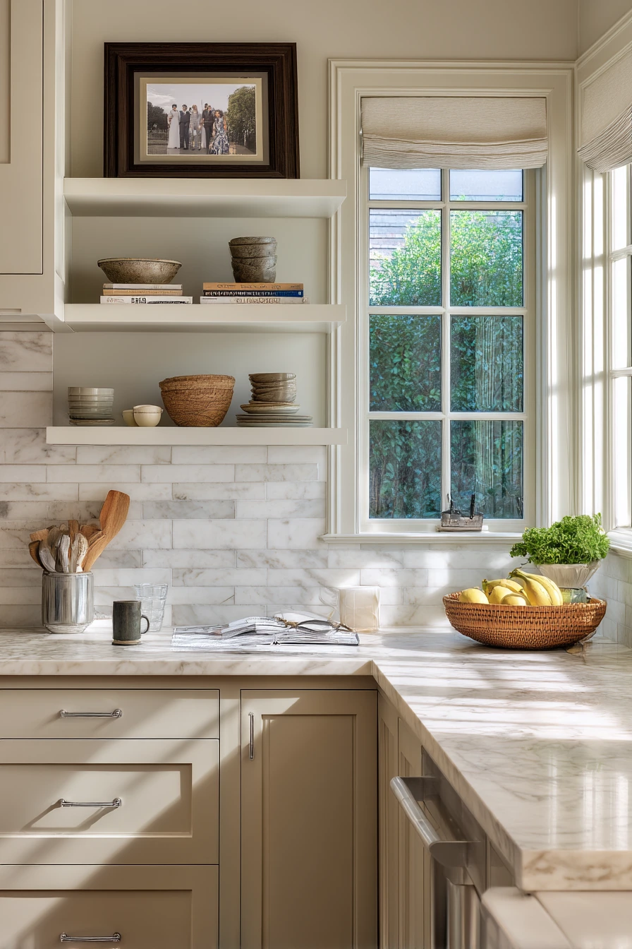 9. Classic Marble Backsplash in a Transitional Home