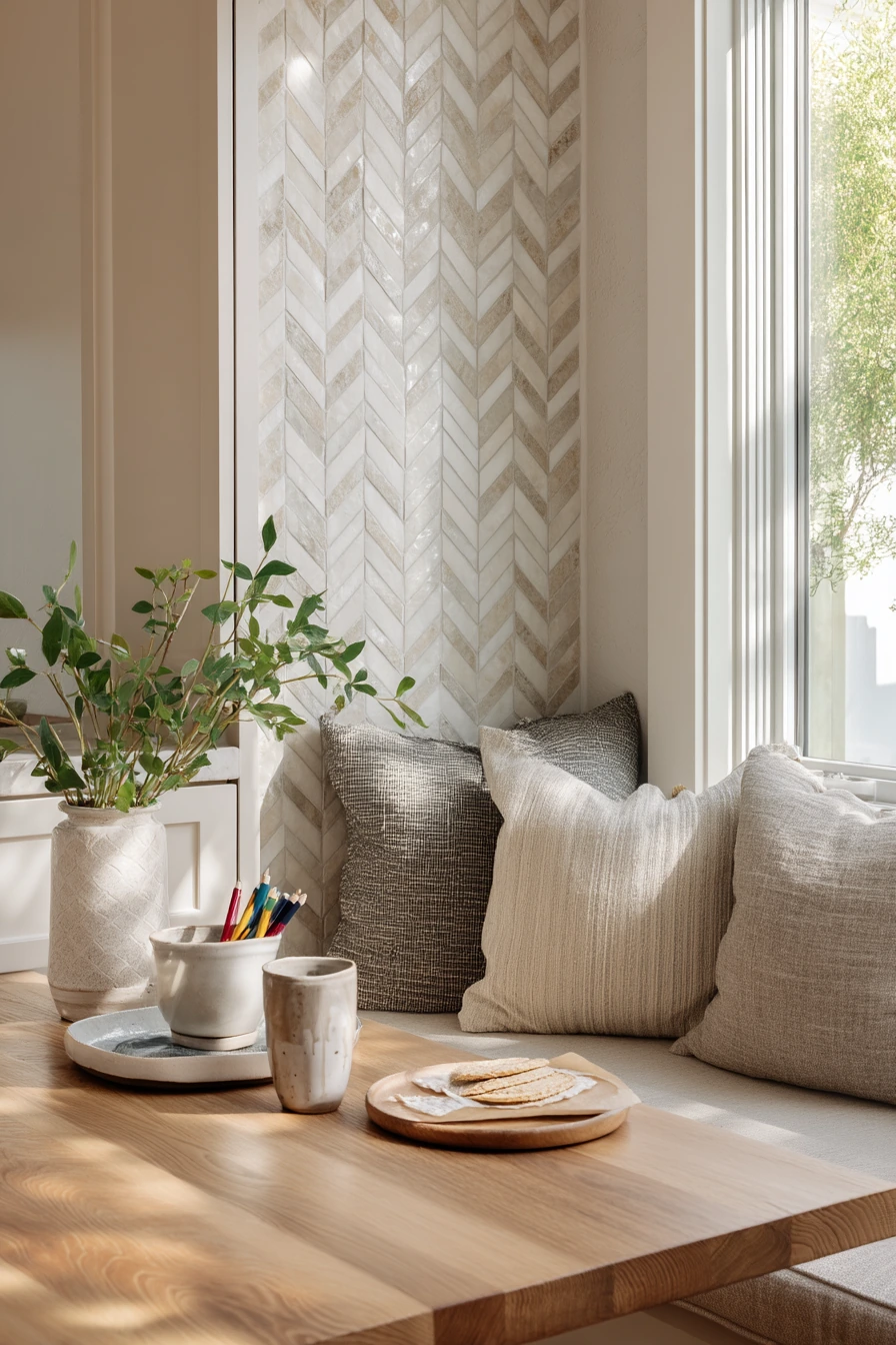 10. Statement Tile Above a Cozy Breakfast Banquette