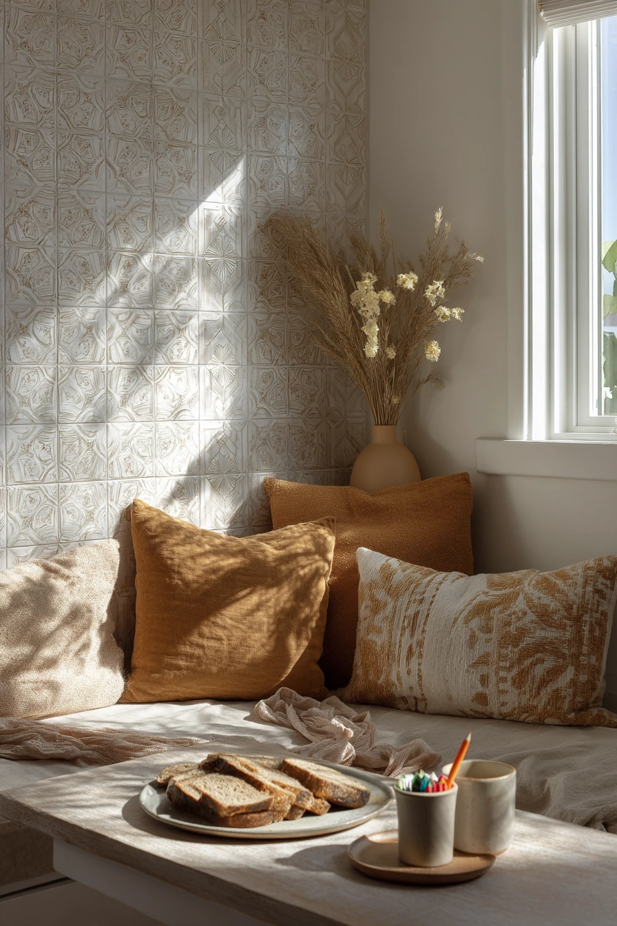 10. Statement Tile Above a Cozy Breakfast Banquette