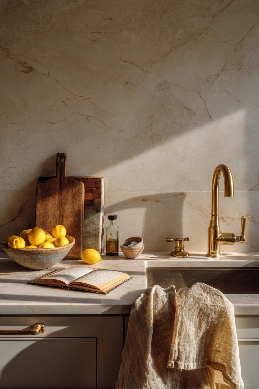 3. Warm Stone Slab for a Calm Chef’s Kitchen
