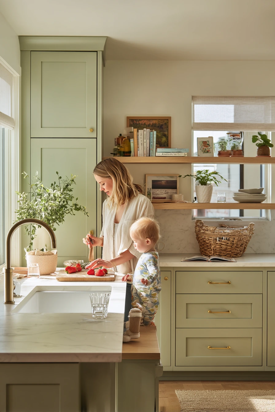 Soft Sage Cabinets in a Family Kitchen
