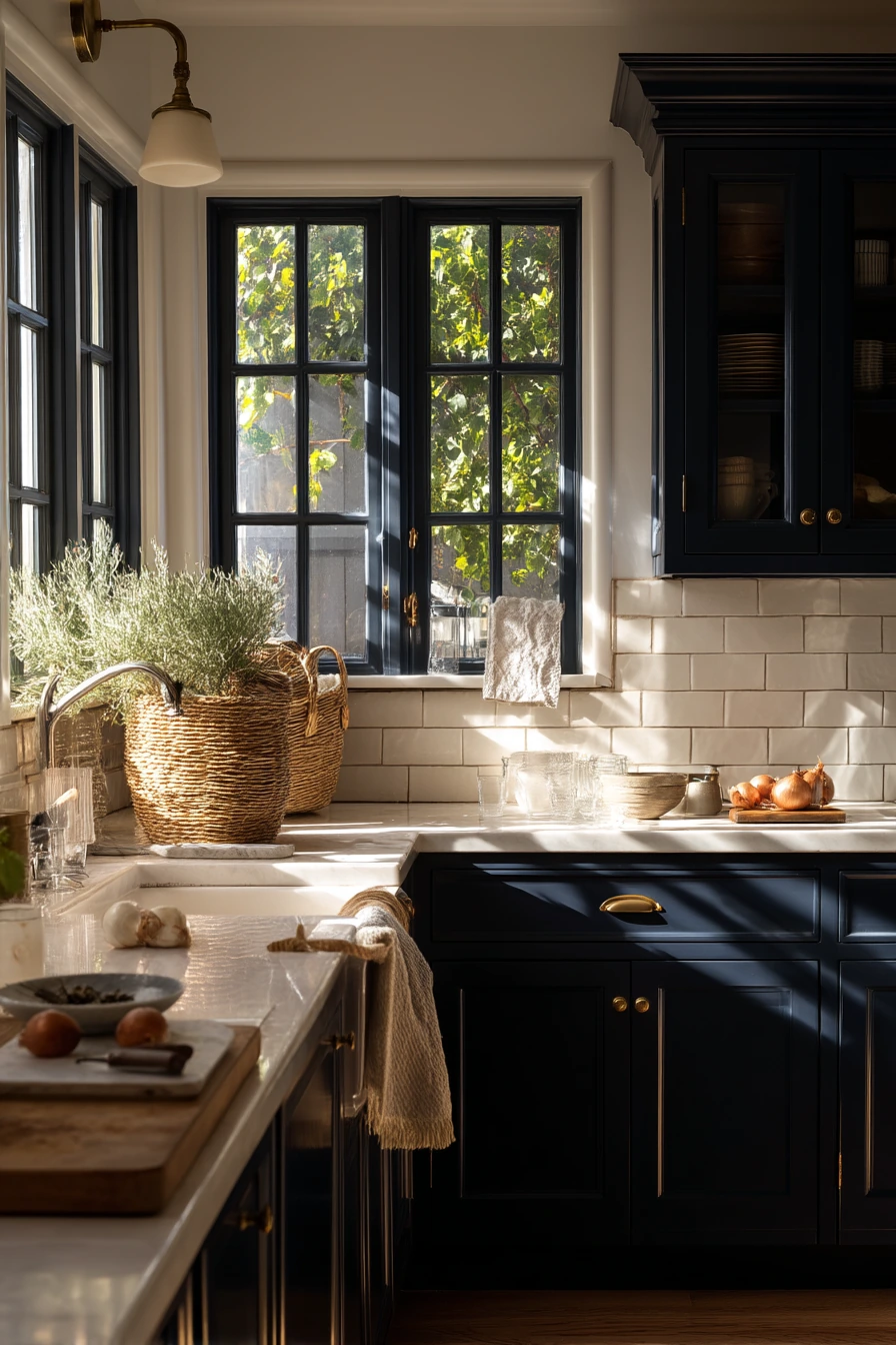 Deep Navy Cabinets with Brass Hardware