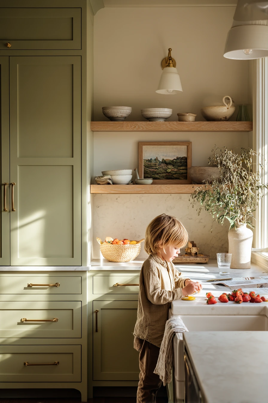 Soft Sage Cabinets in a Family Kitchen