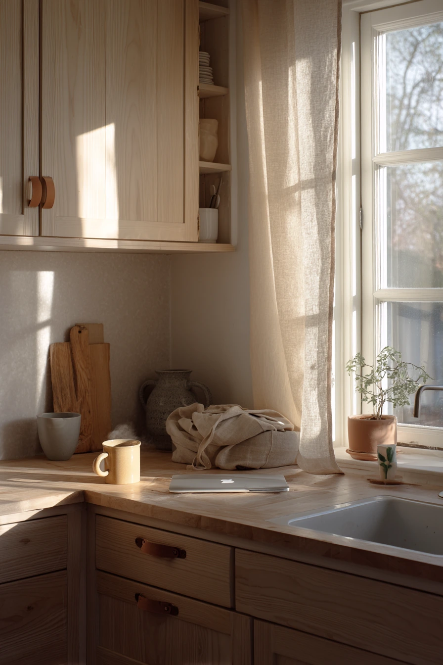 Leather Pulls in a Calm Scandinavian Kitchen