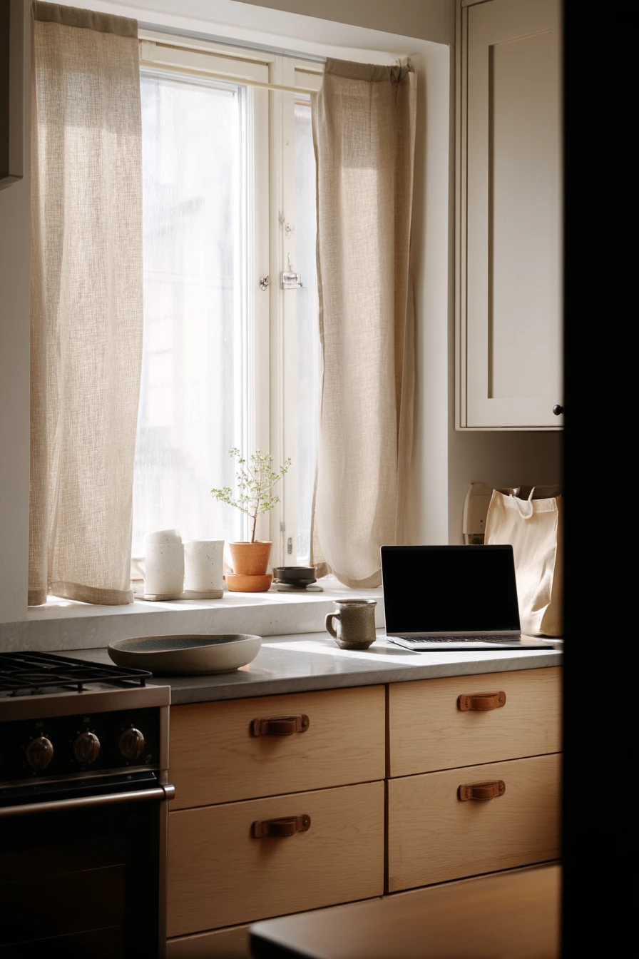 Leather Pulls in a Calm Scandinavian Kitchen