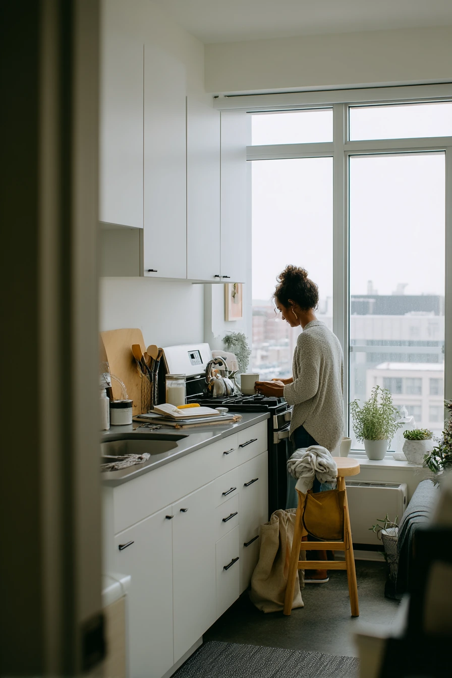 Matte Black Handles in a Small Apartment Kitchen