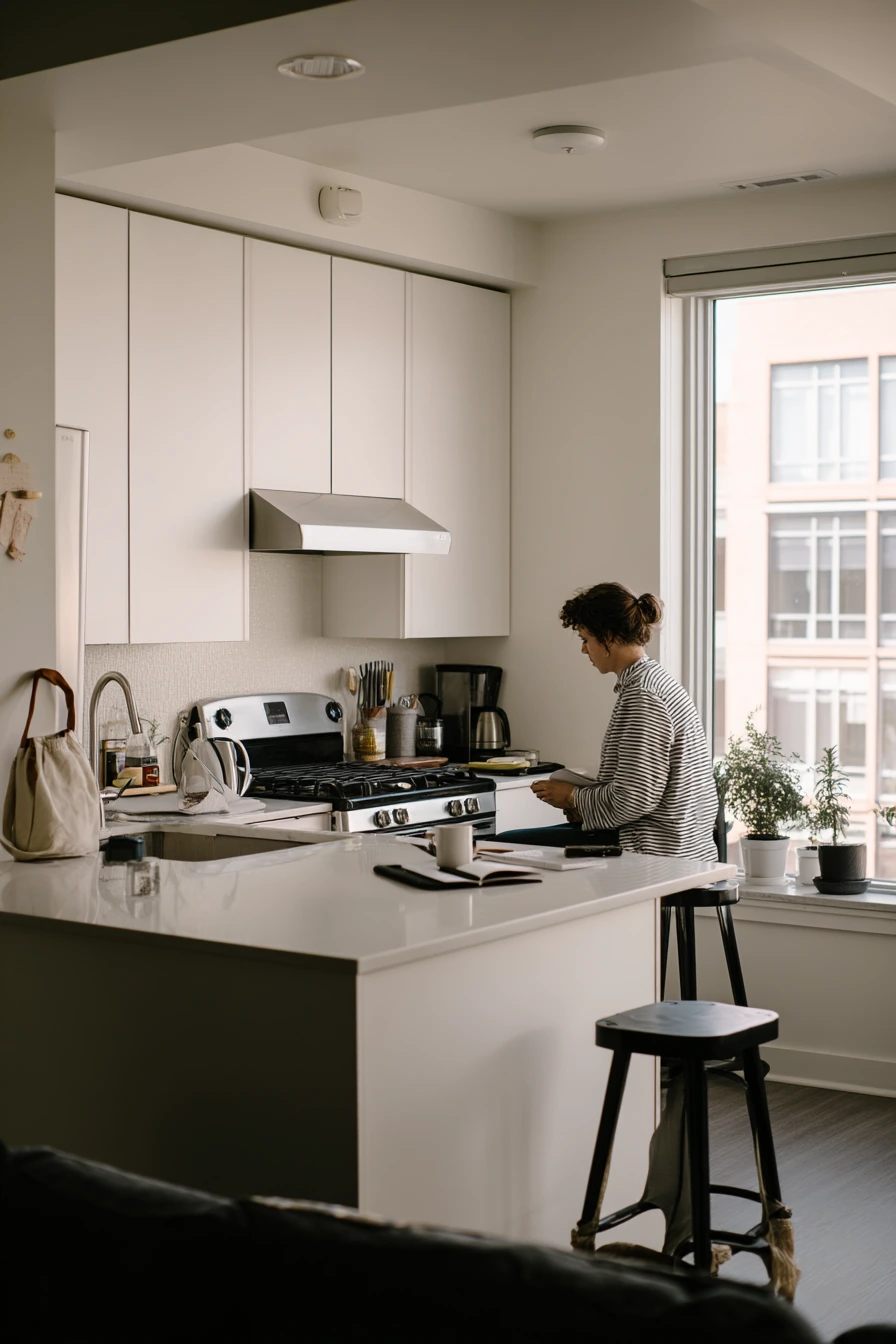 Matte Black Handles in a Small Apartment Kitchen