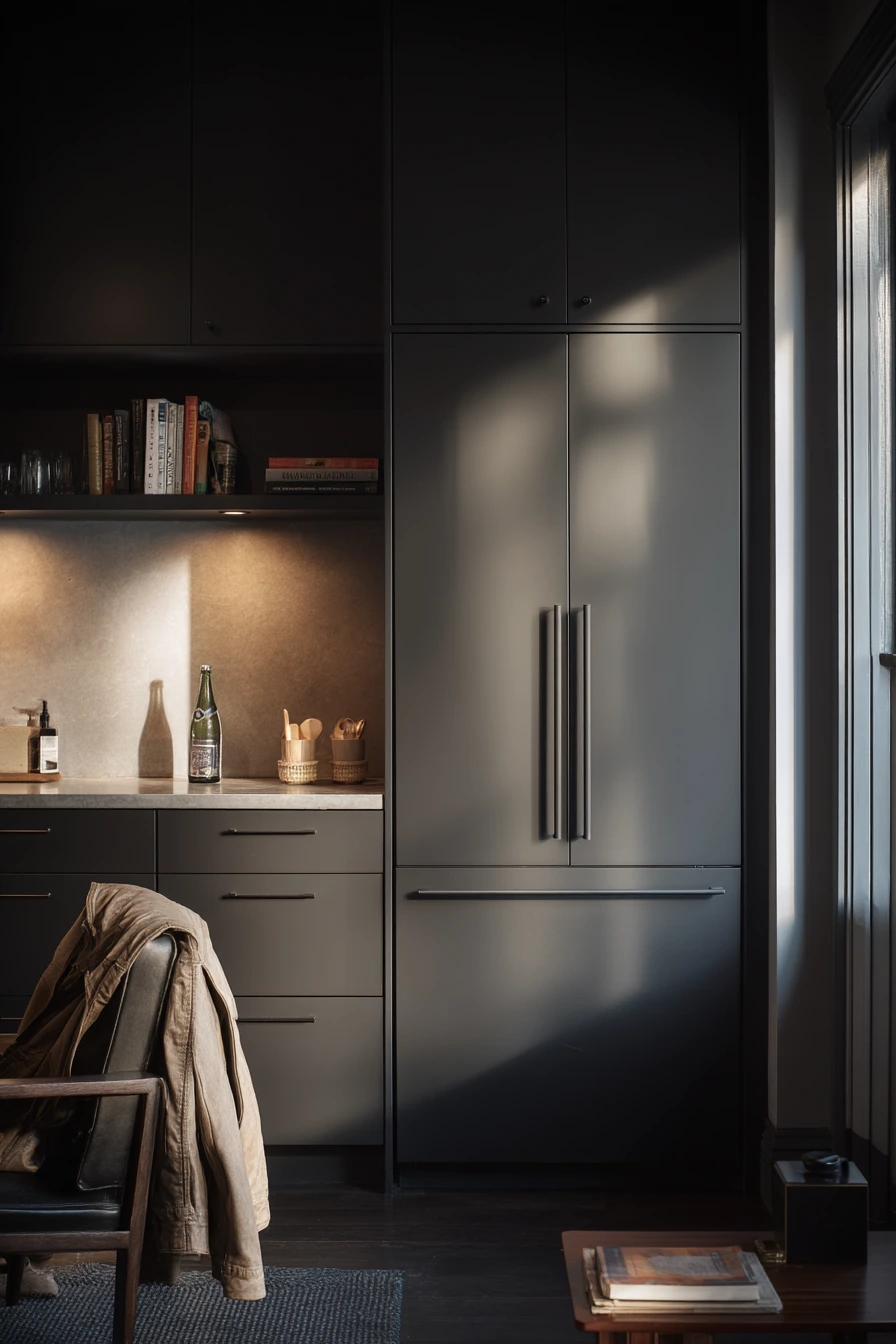 6. Dark moody cabinets in a modern townhouse