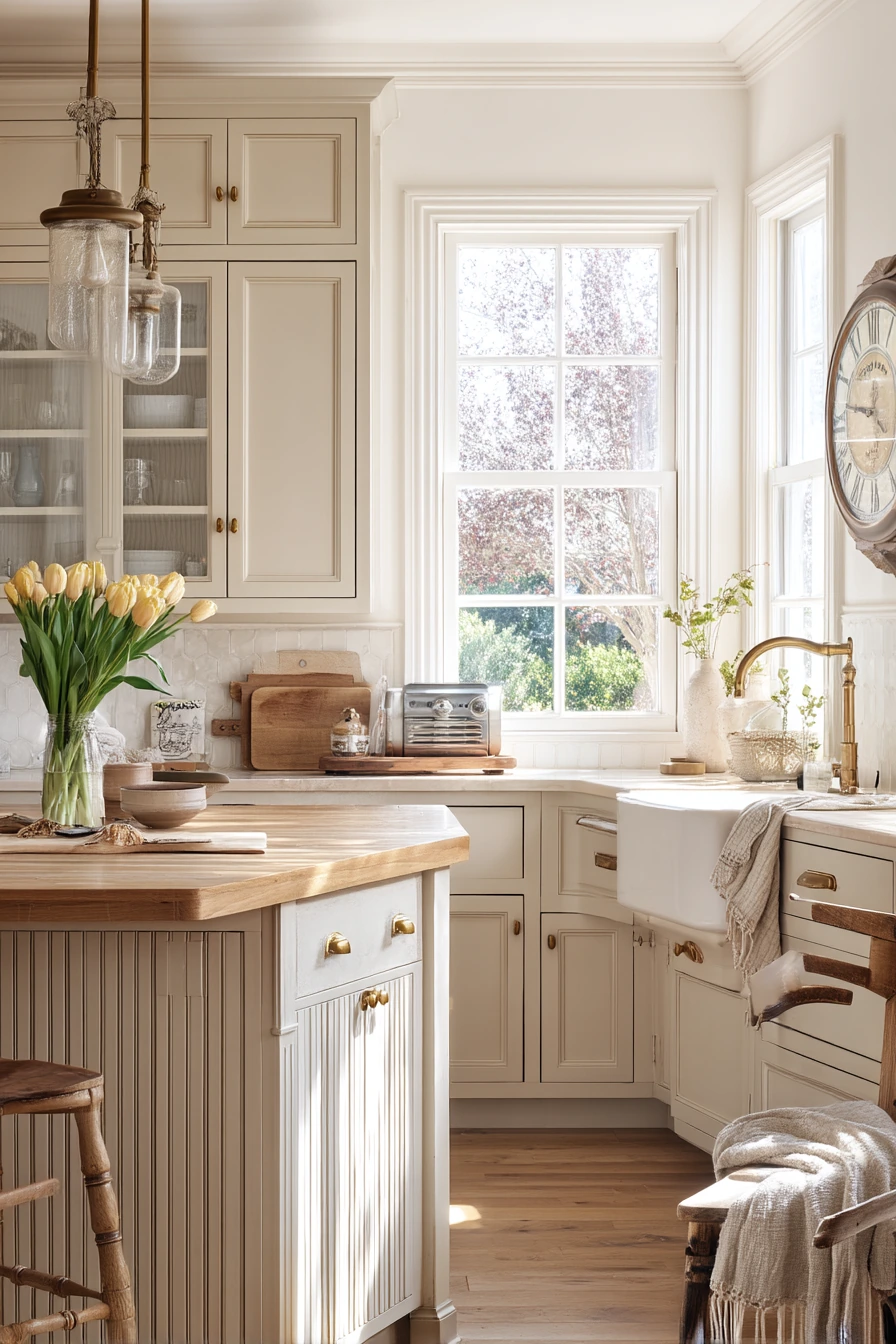 8. Warm neutral cabinets with vintage character