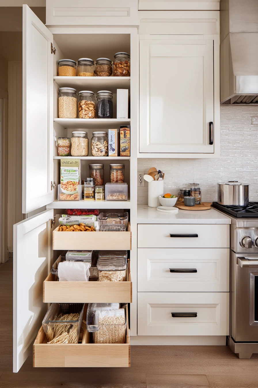 Pull-Out Pantry Cabinets in a Busy Family Kitchen