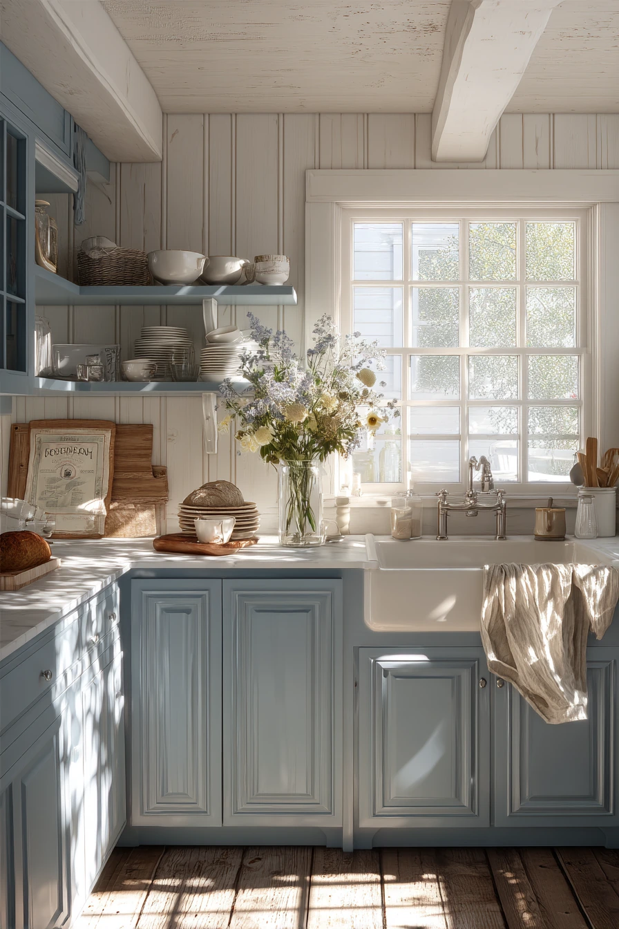 Dusty Blue Paint for a Light-Filled Cottage Kitchen