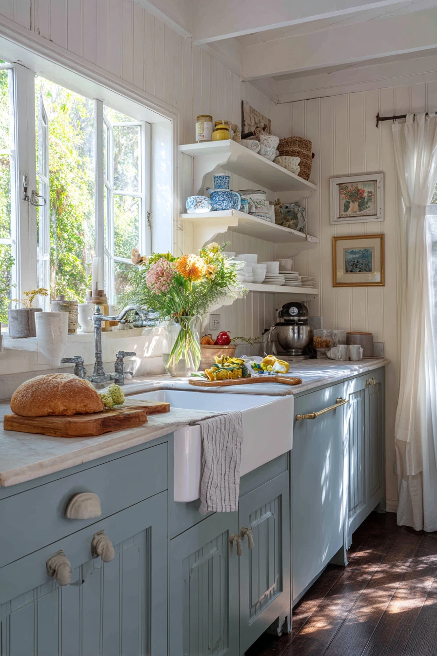Dusty Blue Paint for a Light-Filled Cottage Kitchen