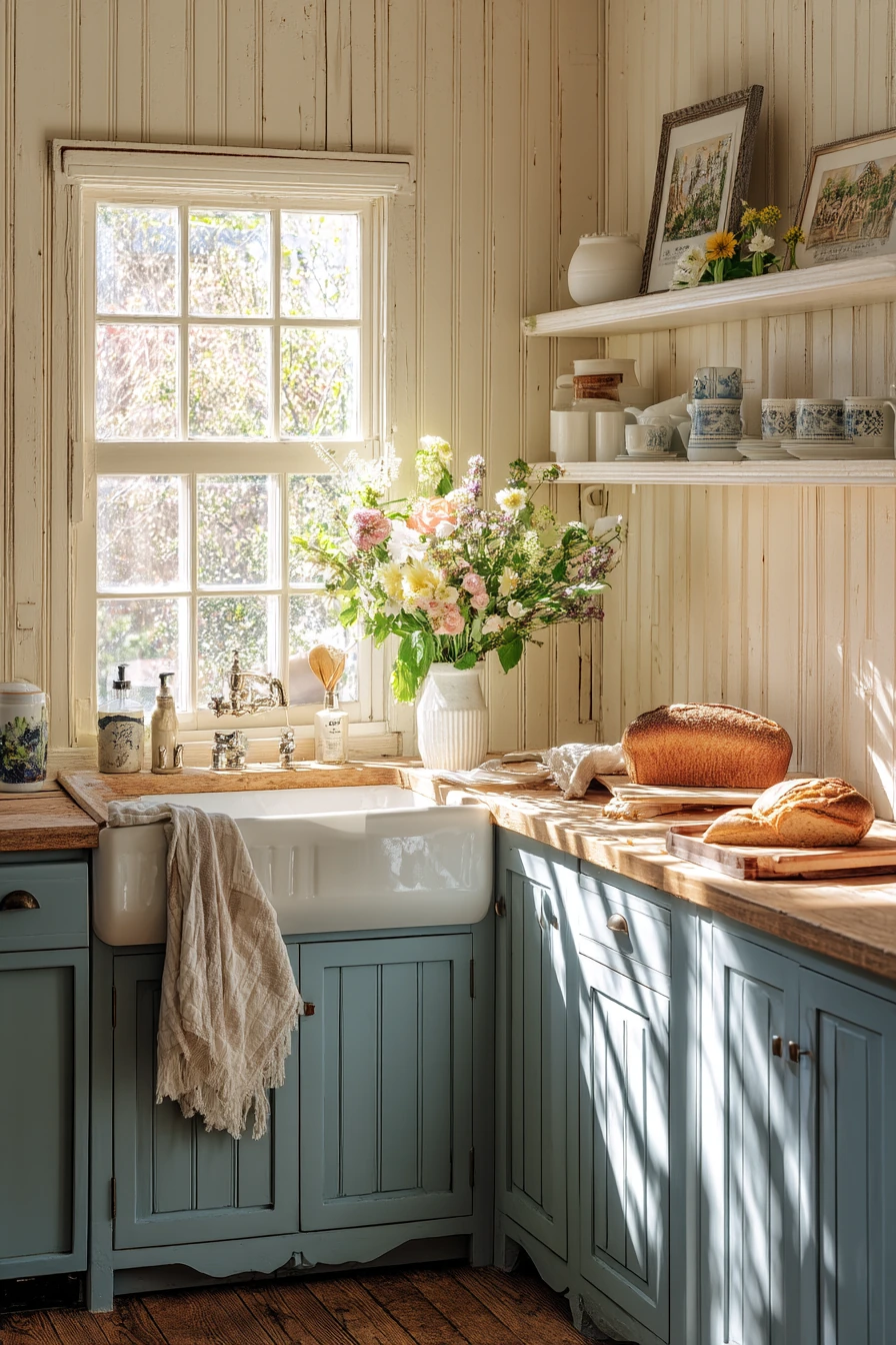 Dusty Blue Paint for a Light-Filled Cottage Kitchen