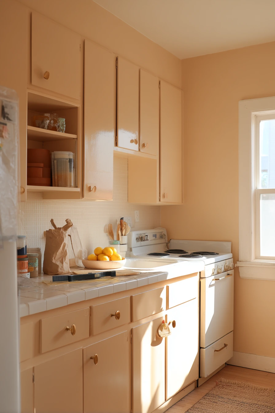 Peachy Beige Paint in a Rental Kitchen Makeover