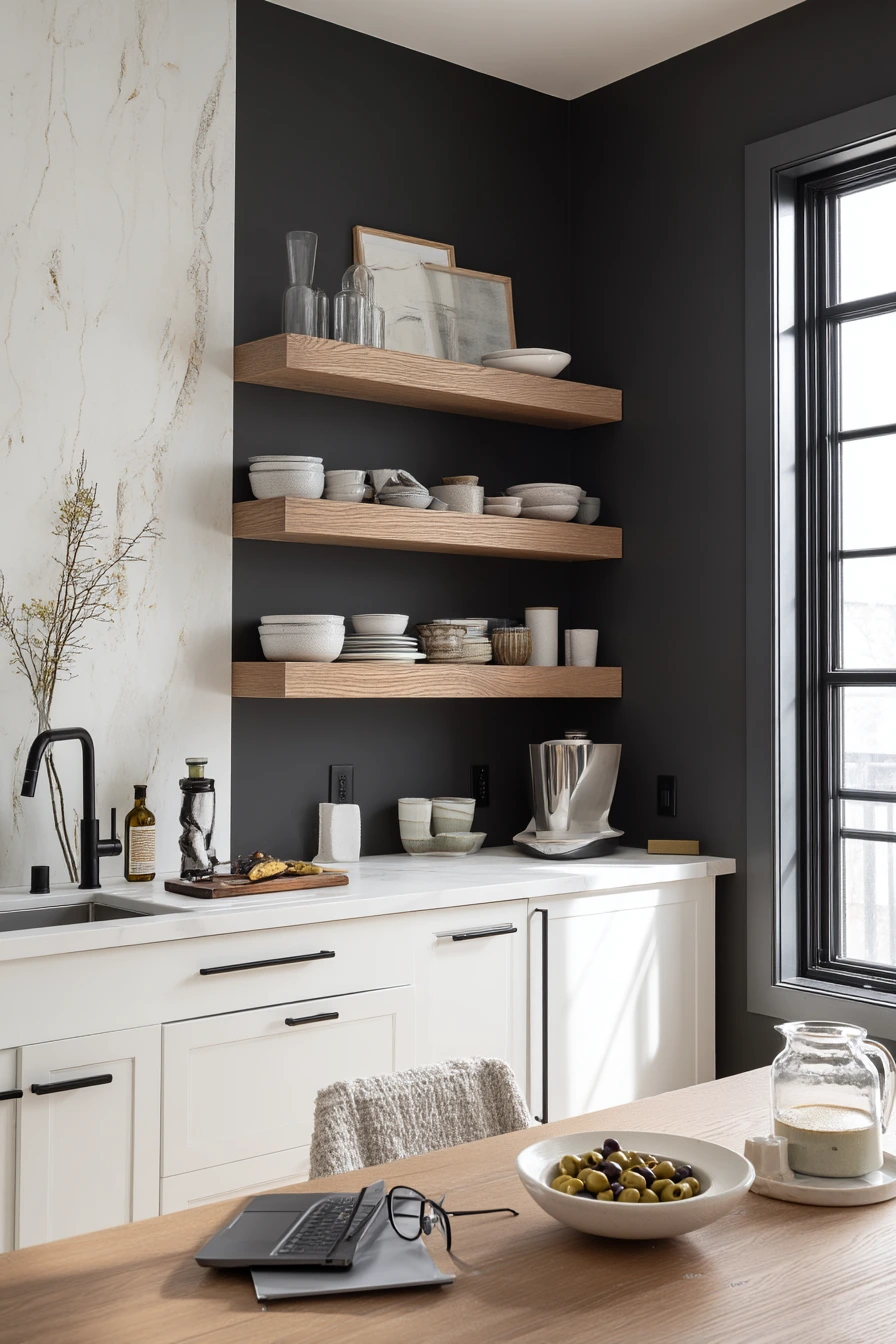 Charcoal Accent Wall Behind Open Shelving