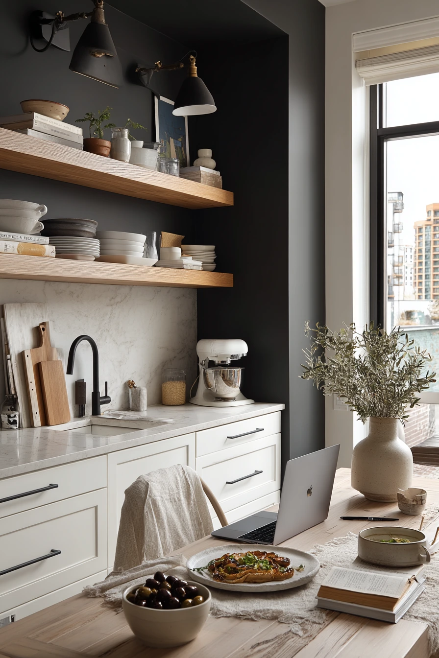 Charcoal Accent Wall Behind Open Shelving