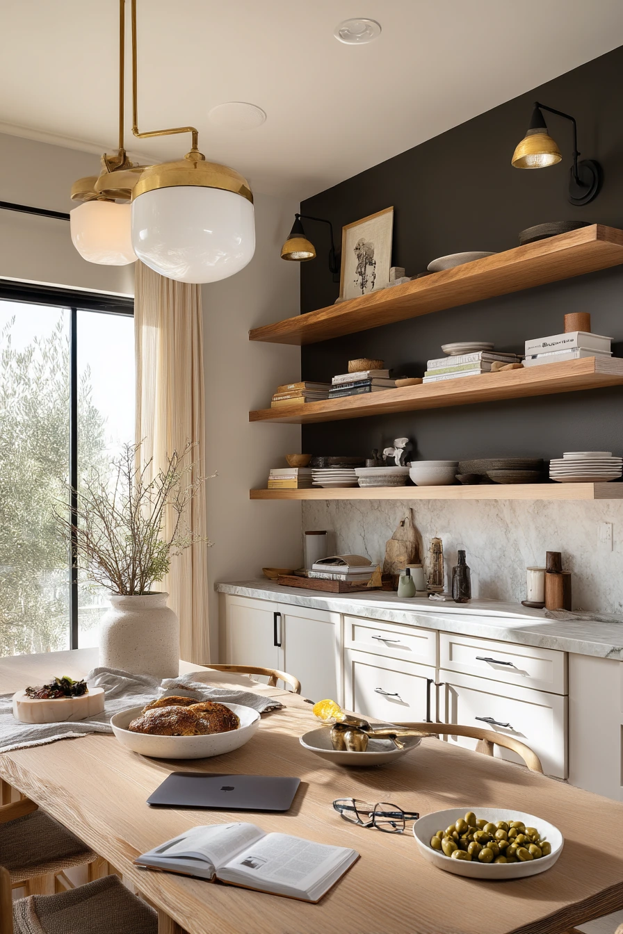 Charcoal Accent Wall Behind Open Shelving