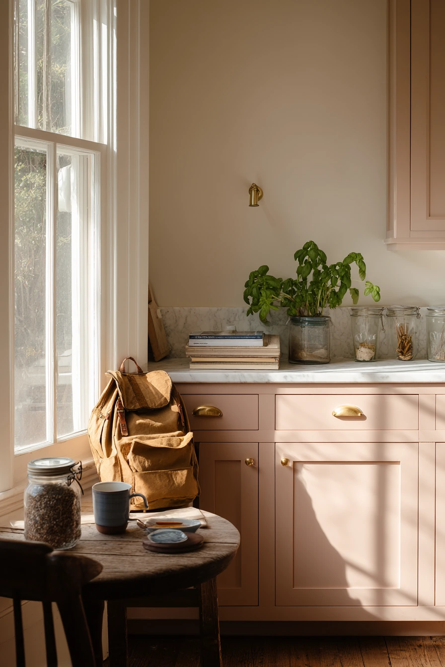 Clay Pink Cabinets for a Gentle Morning Kitchen