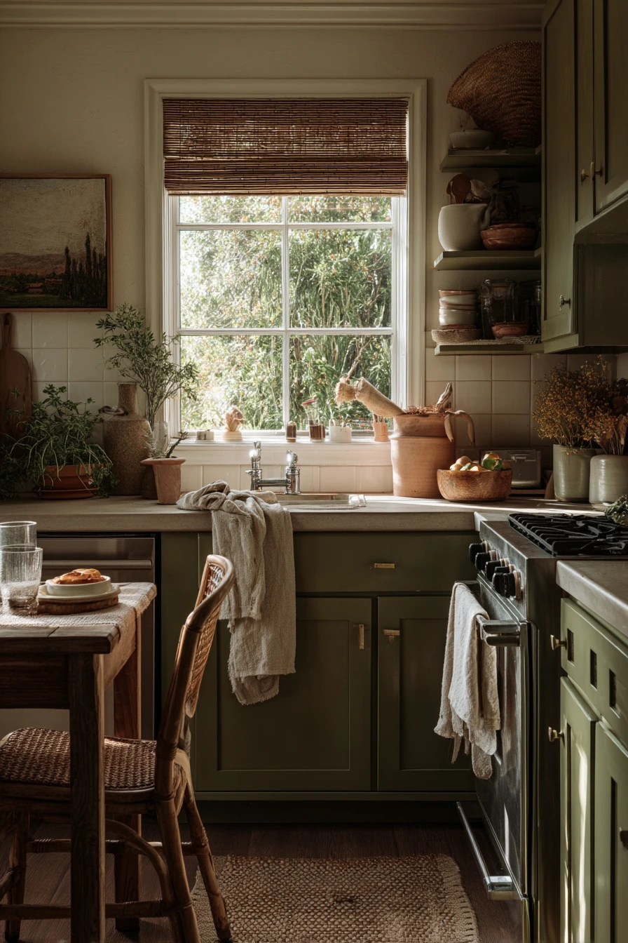 Olive Green Paint in a Garden-View Kitchen