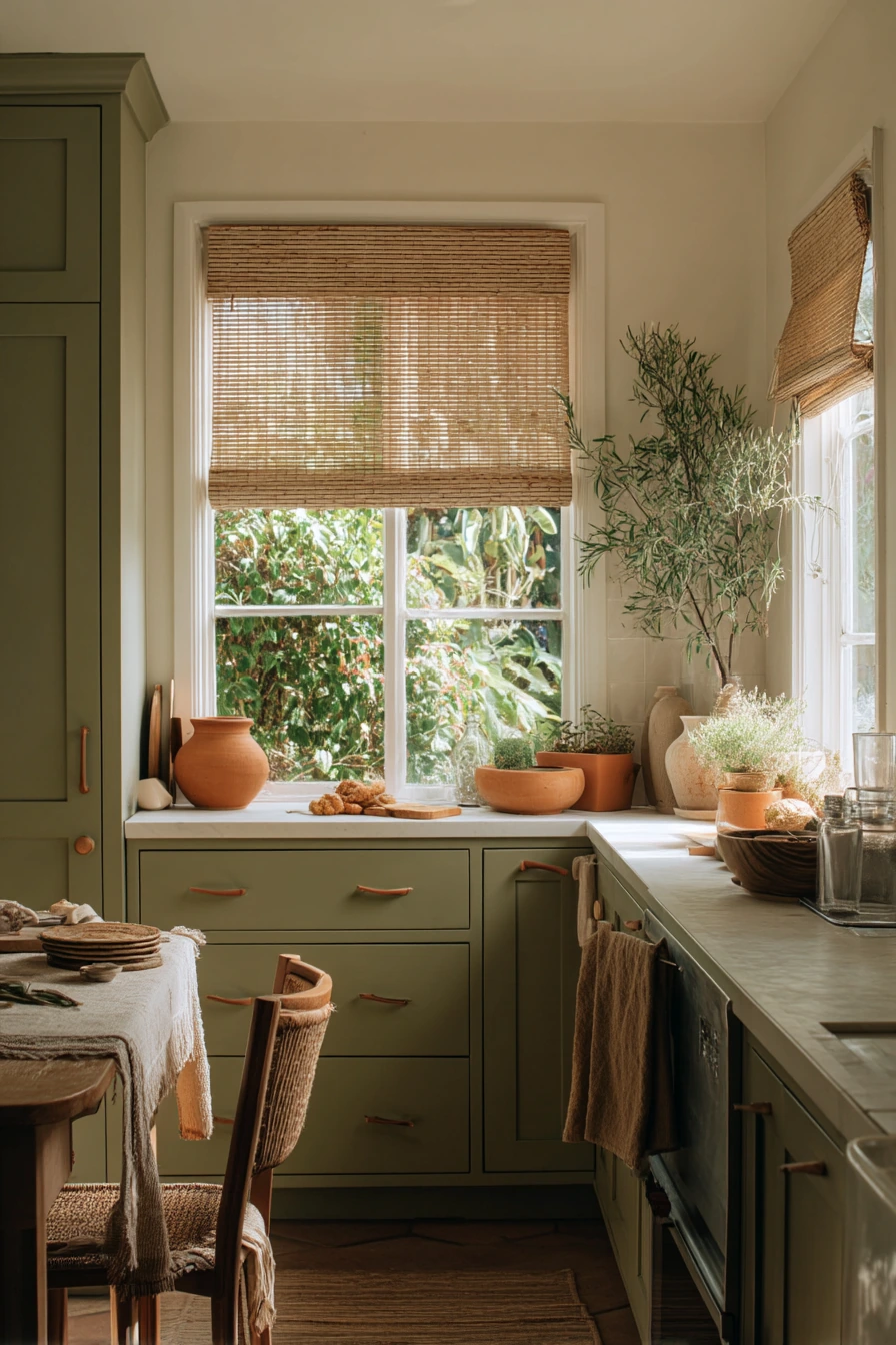 Olive Green Paint in a Garden-View Kitchen