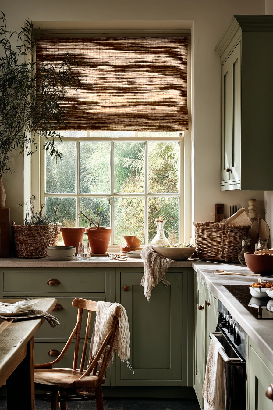 Olive Green Paint in a Garden-View Kitchen