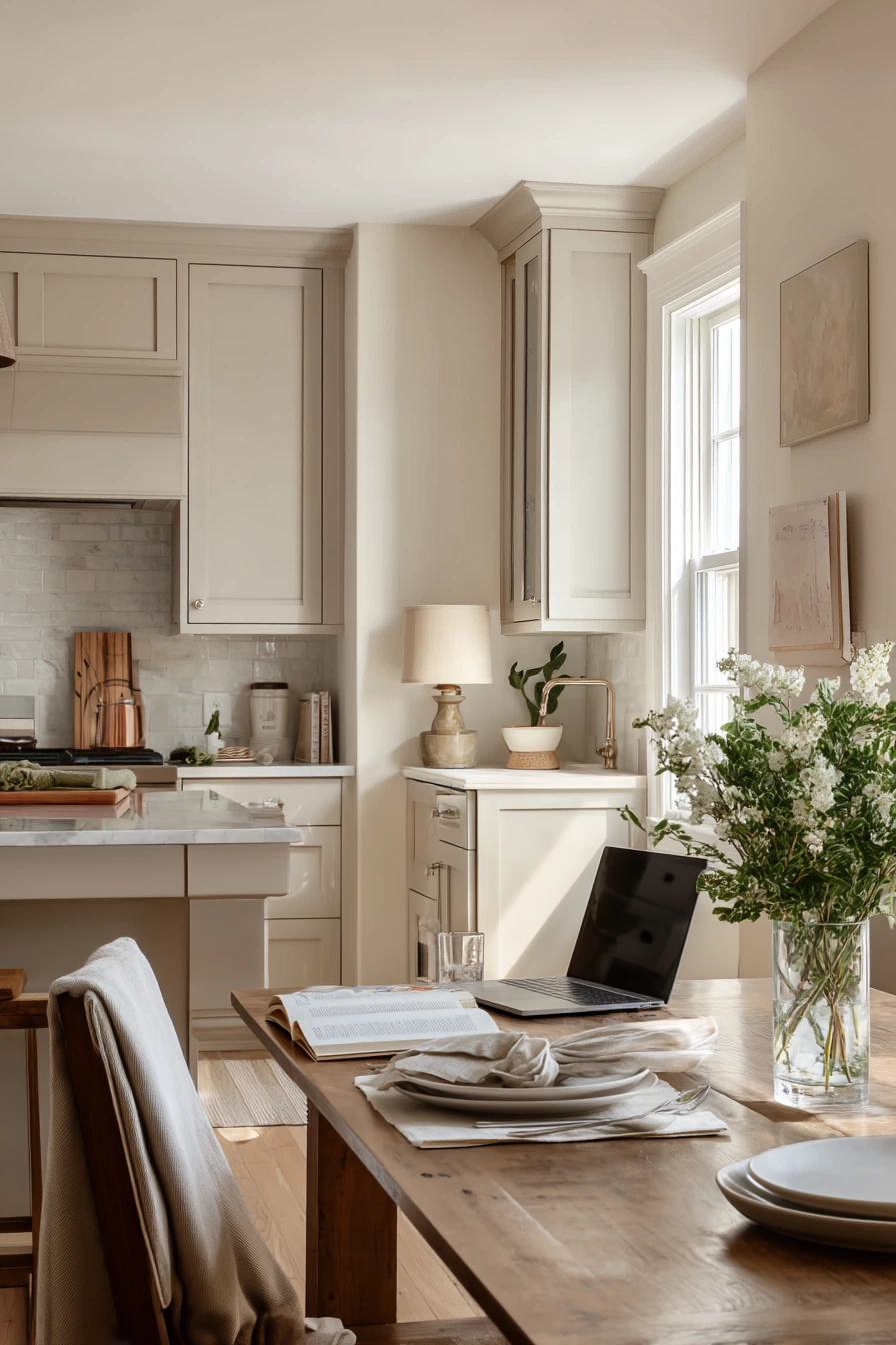Soft Greige Paint for a Calm Open-Plan Kitchen