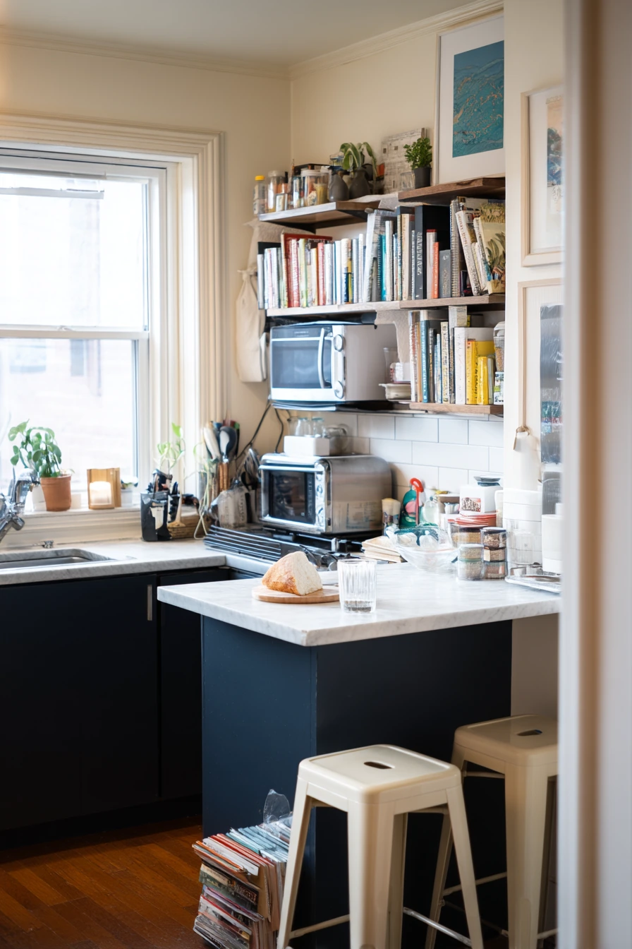 Moody Navy Paint for a Small Apartment Kitchen