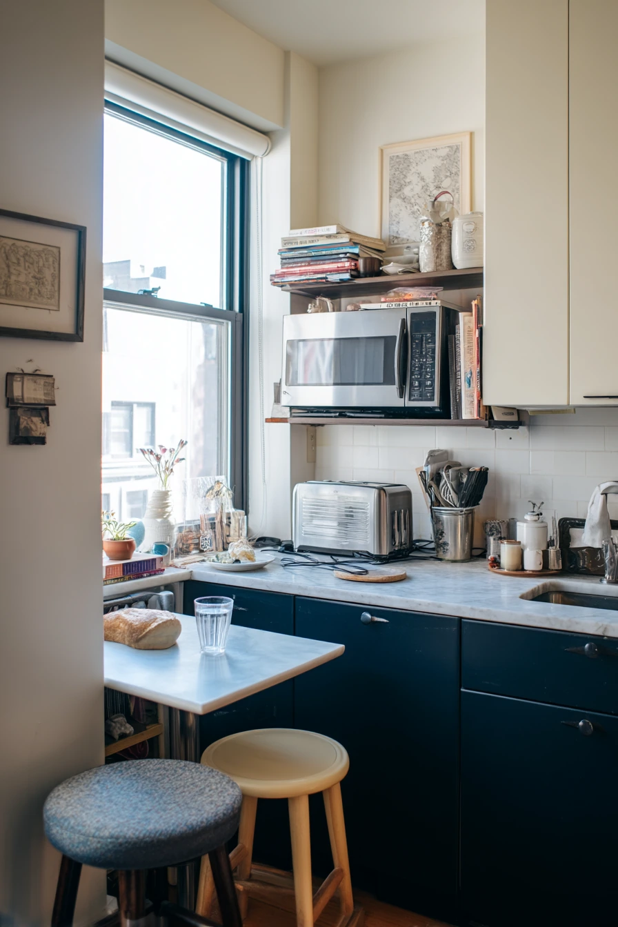 Moody Navy Paint for a Small Apartment Kitchen
