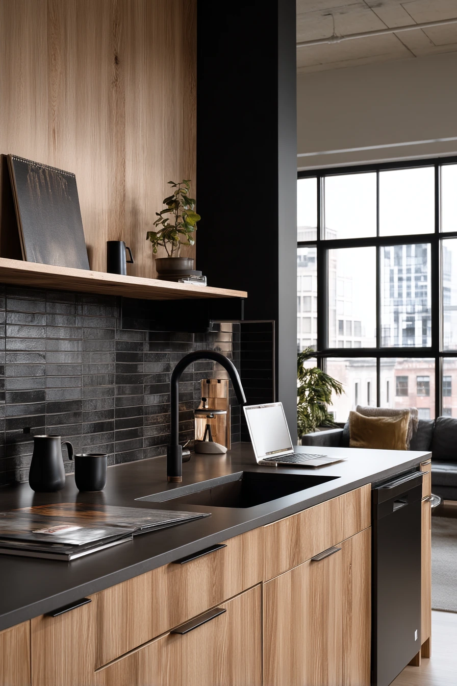 6. Dark Tile Accent Wall for a Modern Urban Loft Kitchen