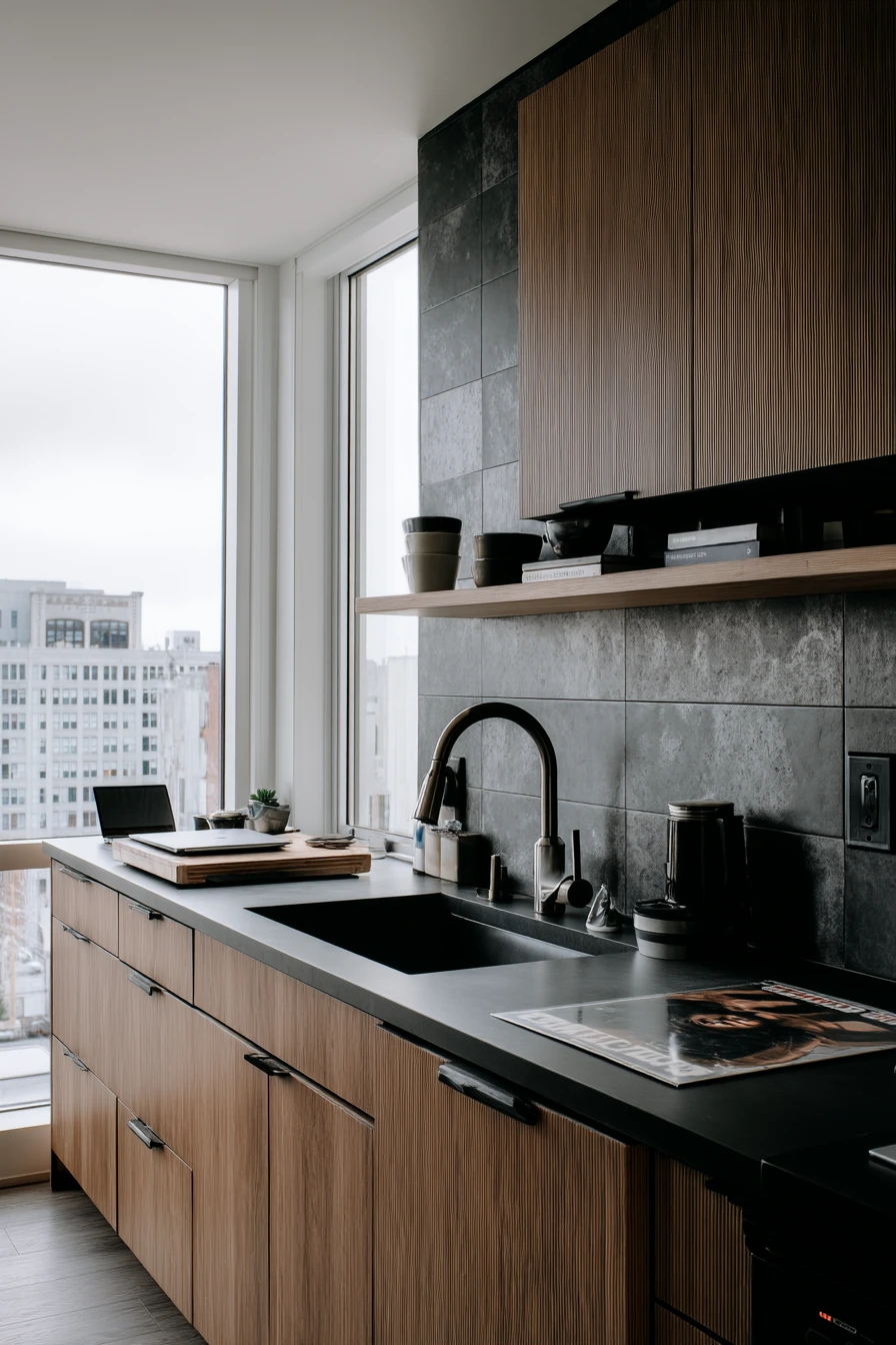 6. Dark Tile Accent Wall for a Modern Urban Loft Kitchen