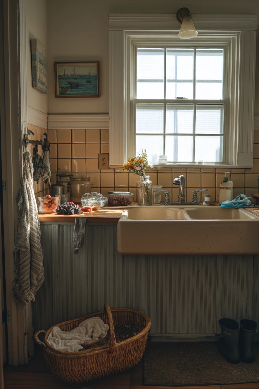 7. Farmhouse Kitchen with Beadboard and Tile Behind Sink