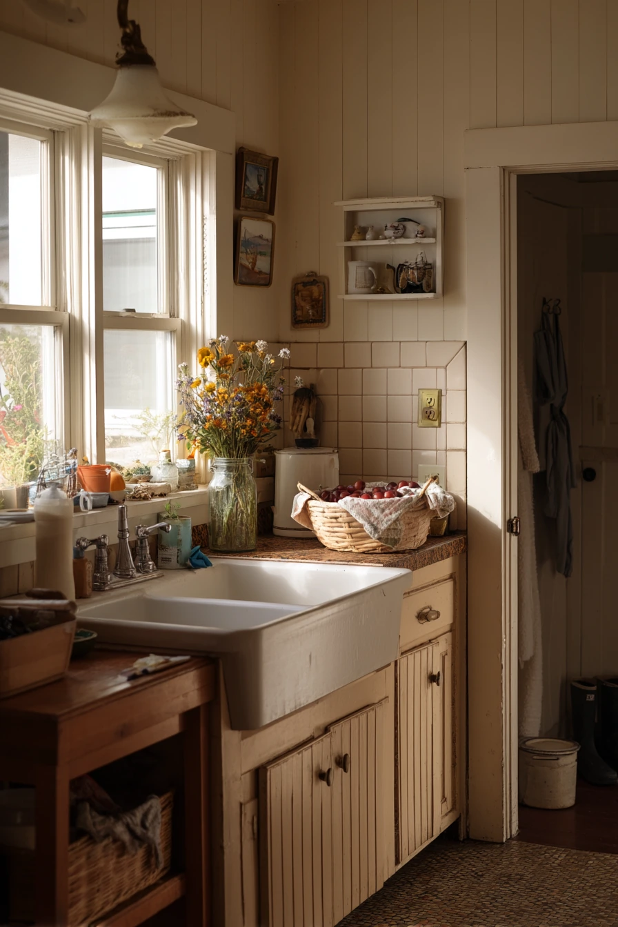 7. Farmhouse Kitchen with Beadboard and Tile Behind Sink