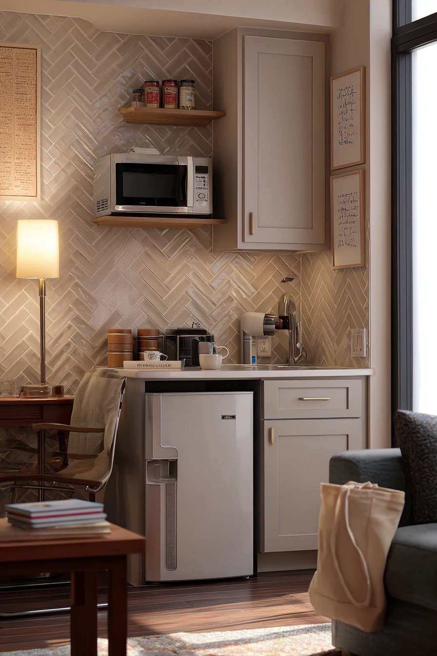 8. Small-Space Herringbone Tile for a Studio Kitchenette