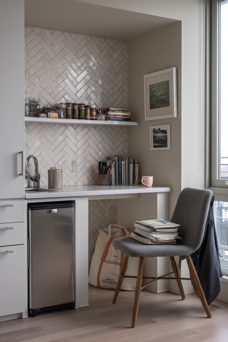 8. Small-Space Herringbone Tile for a Studio Kitchenette
