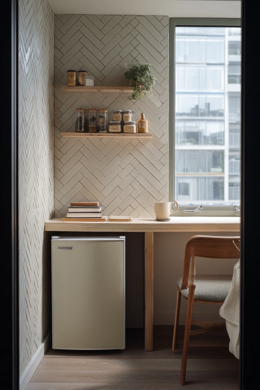 8. Small-Space Herringbone Tile for a Studio Kitchenette