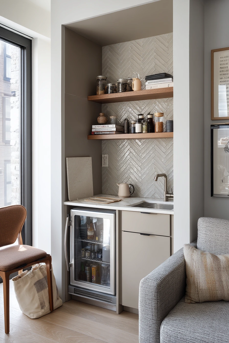 8. Small-Space Herringbone Tile for a Studio Kitchenette