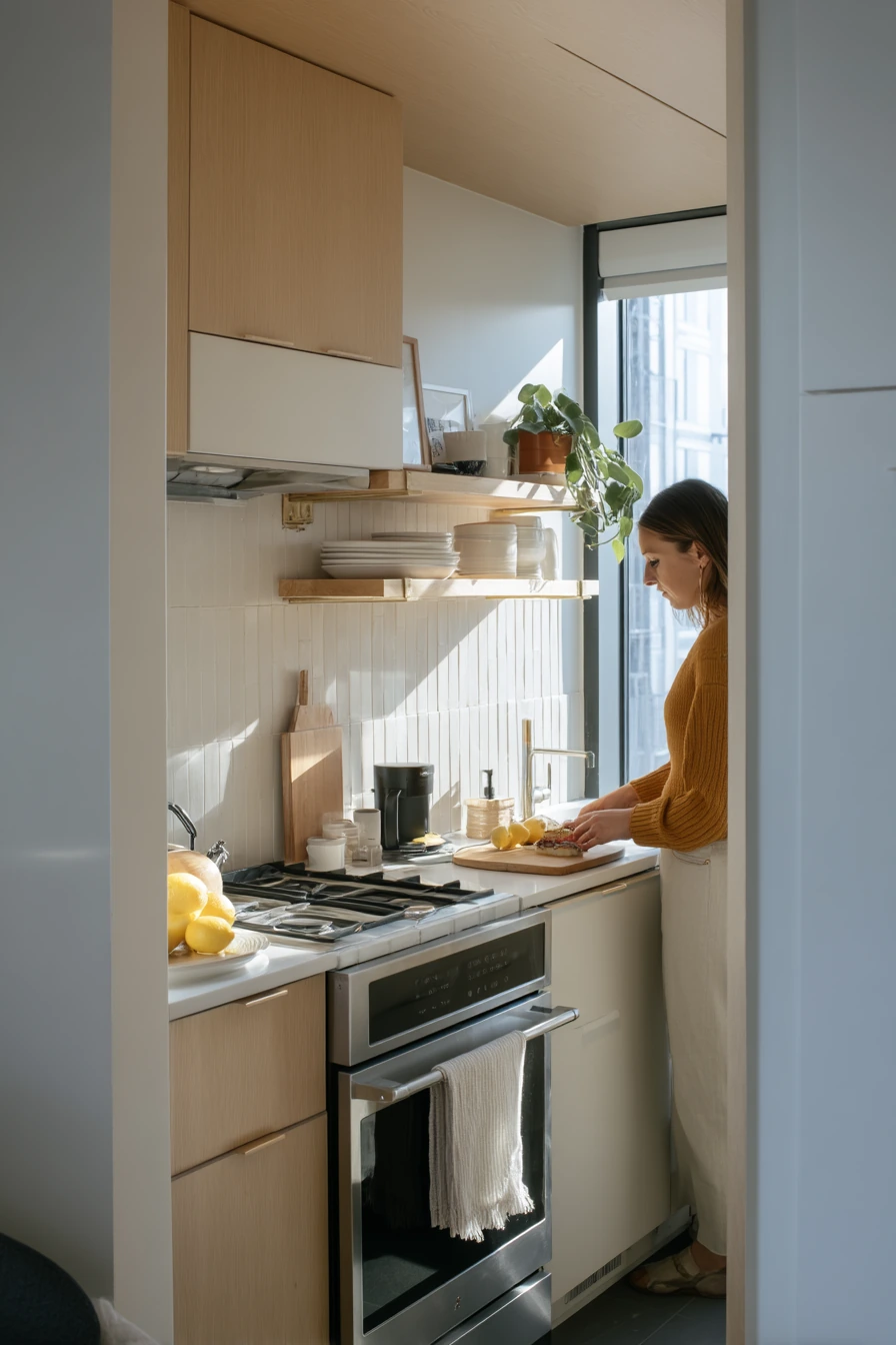 2. Tiny Apartment Kitchen with Vertical Tile Layout