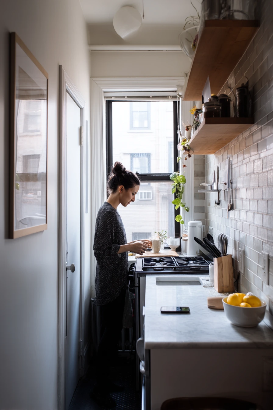 2. Tiny Apartment Kitchen with Vertical Tile Layout