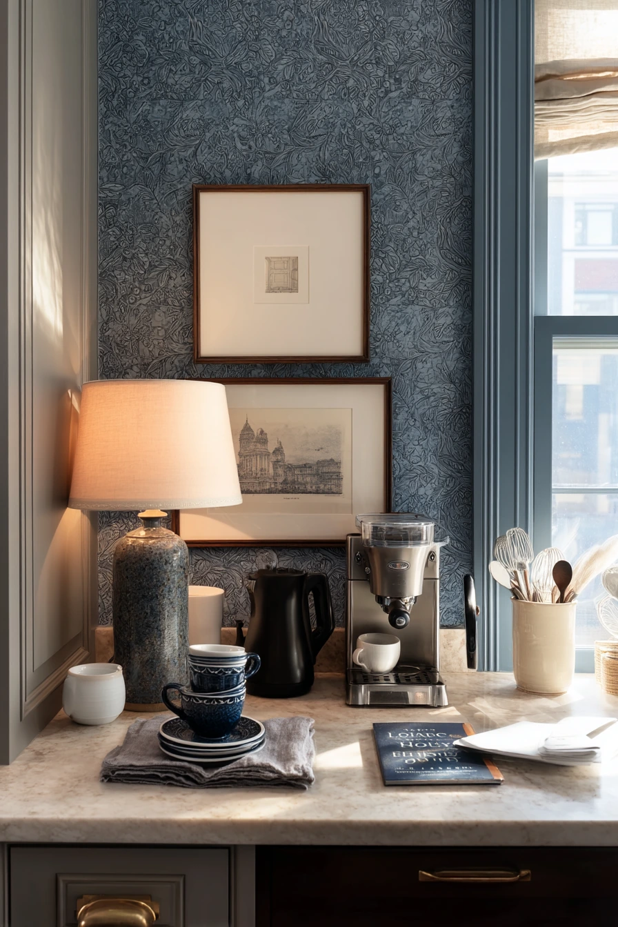 Dramatic Powder-Blue Kitchen Niche