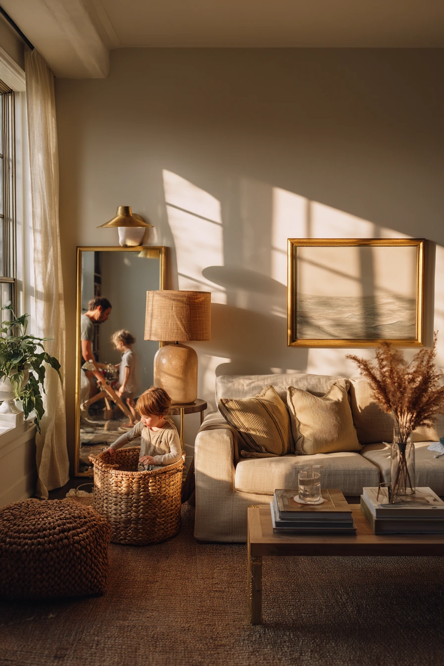 Sunlit Family Living Room with Layered Lamps