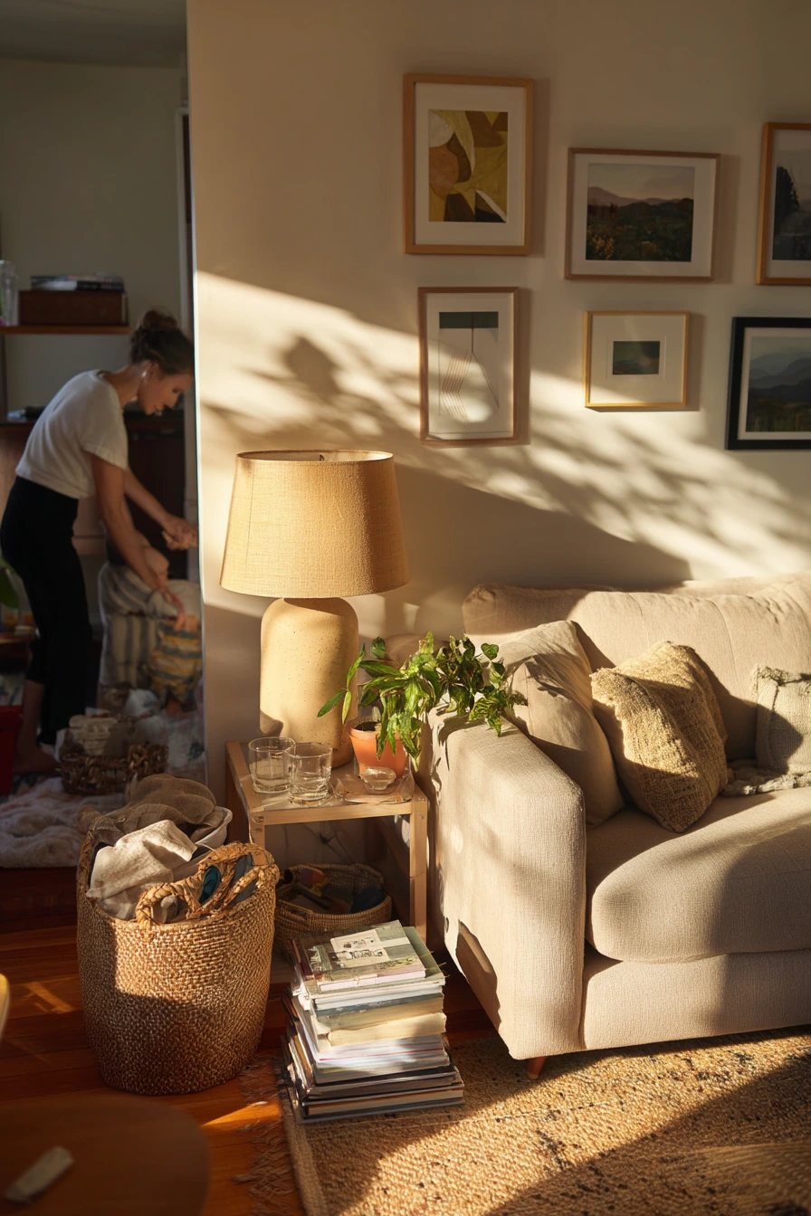 Sunlit Family Living Room with Layered Lamps